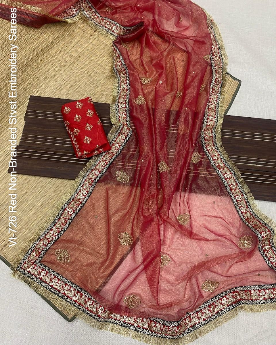 Vt-726 Red Non-Branded Stvst Embroidery Sarees