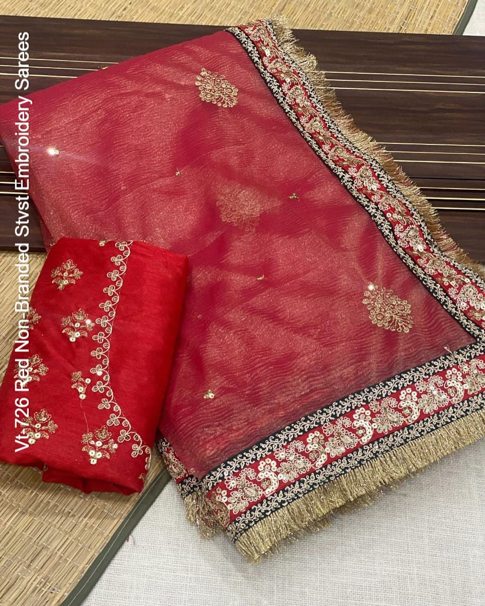 Vt-726 Red Non-Branded Stvst Embroidery Sarees