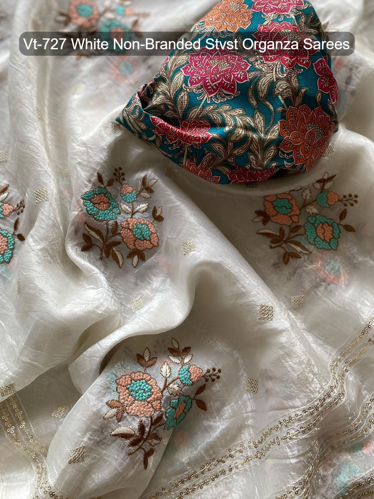 Vt-727 White Non-Branded Stvst Organza Sarees