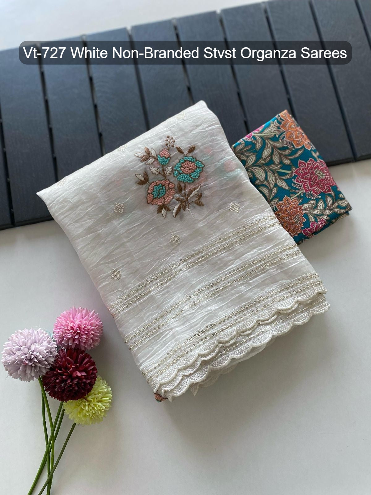 Vt-727 White Non-Branded Stvst Organza Sarees