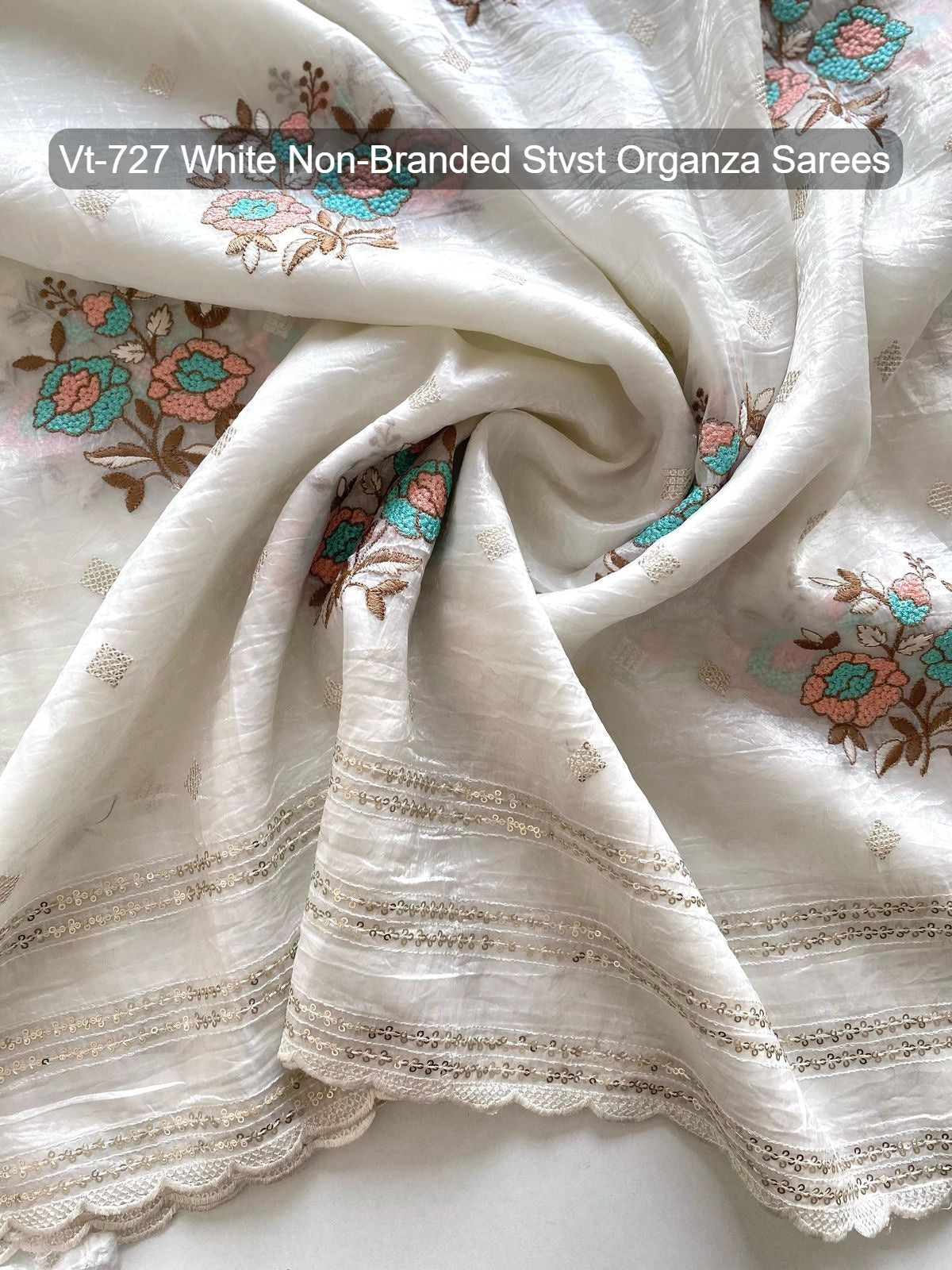 Vt-727 White Non-Branded Stvst Organza Sarees