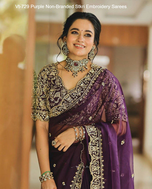 Vt-729 Purple Non-Branded Stkri Embroidery Sarees