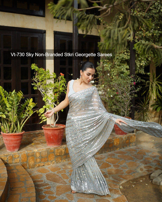 Vt-730 Sky Non-Branded Stkri Georgette Sarees