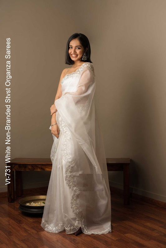 Vt-731 White Non-Branded Stvst Organza Sarees