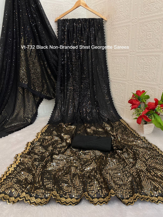Vt-732 Black Non-Branded Stvst Georgette Sarees