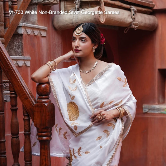 Vt-733 White Non-Branded Stvst Georgette Sarees