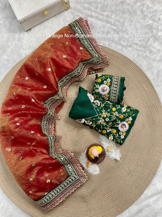 Vt-739 Aarohi Red Orange Non-Branded Stvst Embroidery Sarees