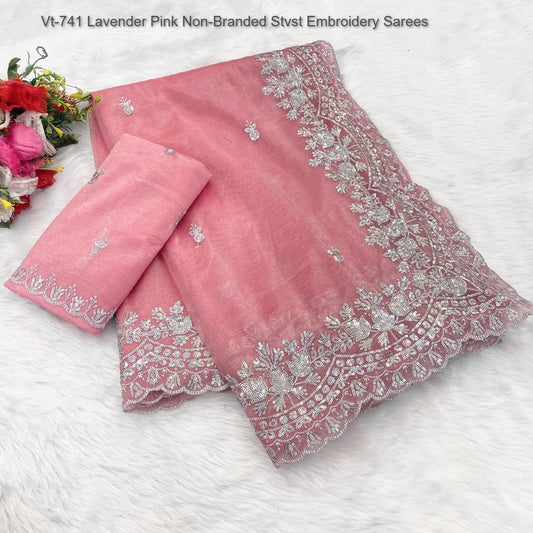Vt-741 Lavender Pink Non-Branded Stvst Embroidery Sarees