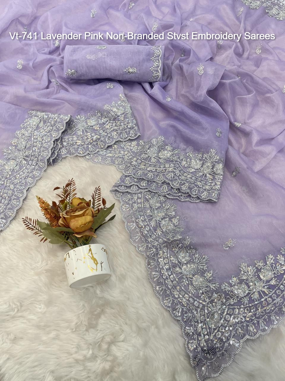 Vt-741 Lavender Pink Non-Branded Stvst Embroidery Sarees