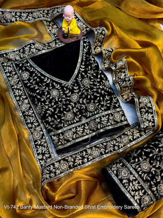 Vt-742 Banty Mustard Non-Branded Stvst Embroidery Sarees