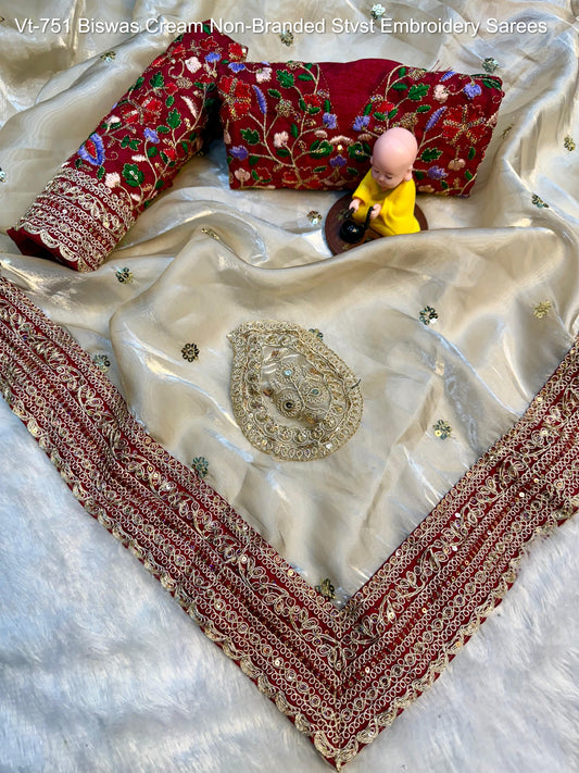 Vt-751 Biswas Cream Non-Branded Stvst Embroidery Sarees