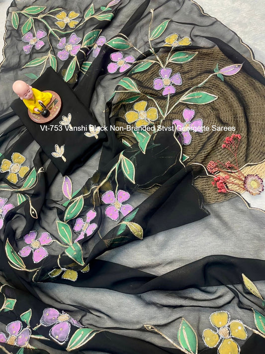 Vt-753 Vanshi Black Non-Branded Stvst Georgette Sarees