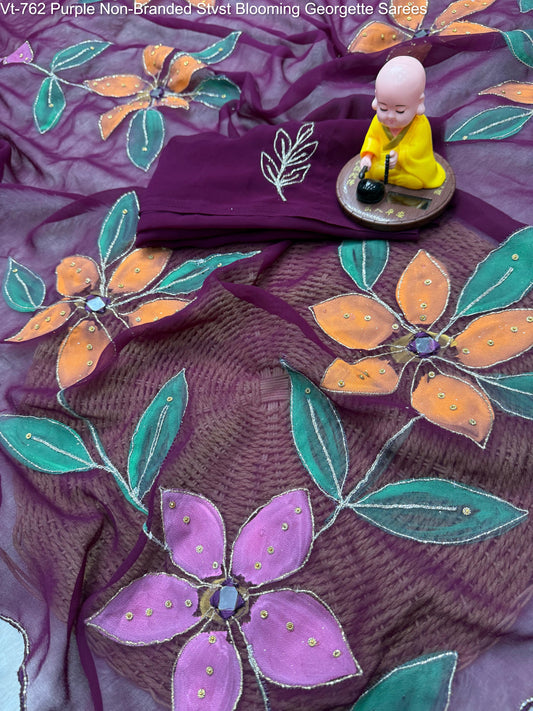 Vt-762 Purple Non-Branded Stvst Blooming Georgette Sarees