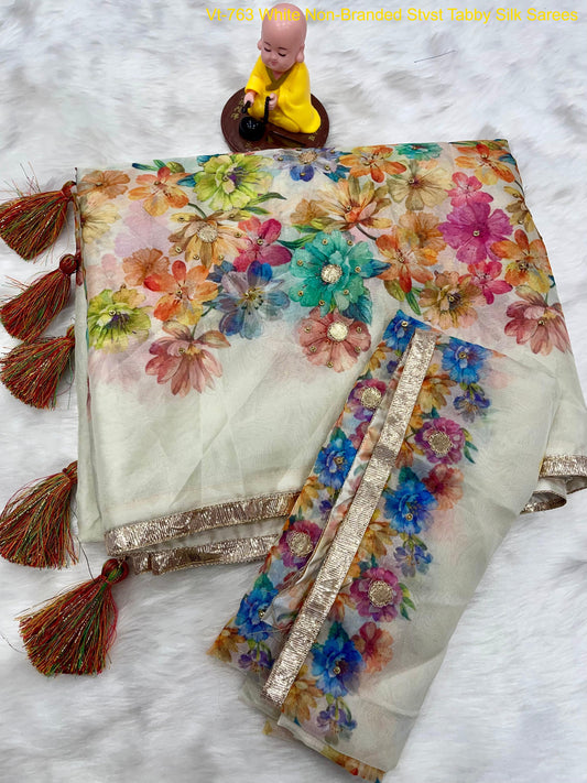 Vt-763 White Non-Branded Stvst Tabby Silk Sarees