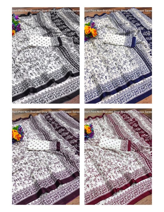 Warli Print Non-Branded Stvar Bhagalpuri Chaapa Sarees