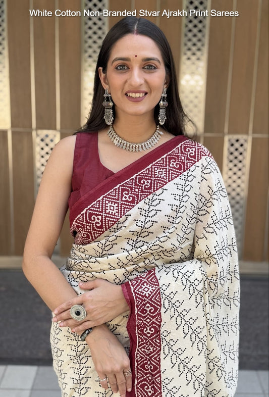 White Cotton Non-Branded Stvar Ajrakh Print Sarees