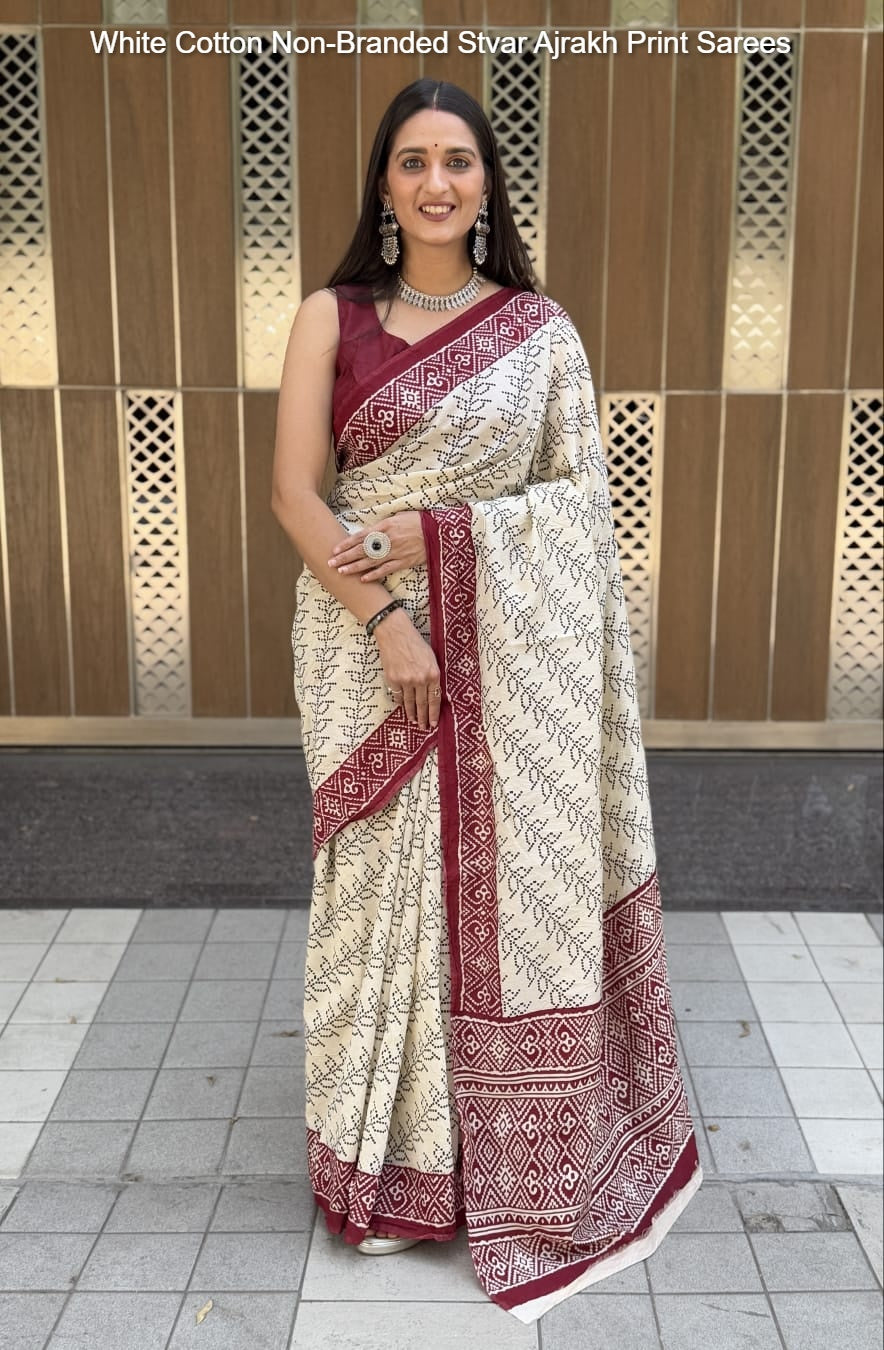 White Cotton Non-Branded Stvar Ajrakh Print Sarees