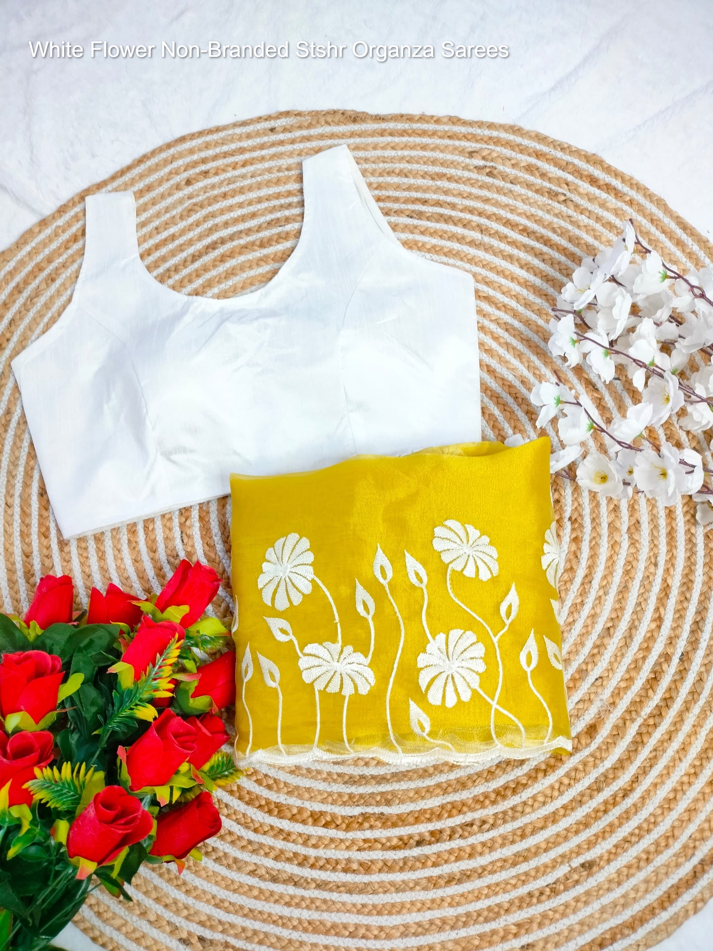 White Flower Non-Branded Stshr Organza Sarees