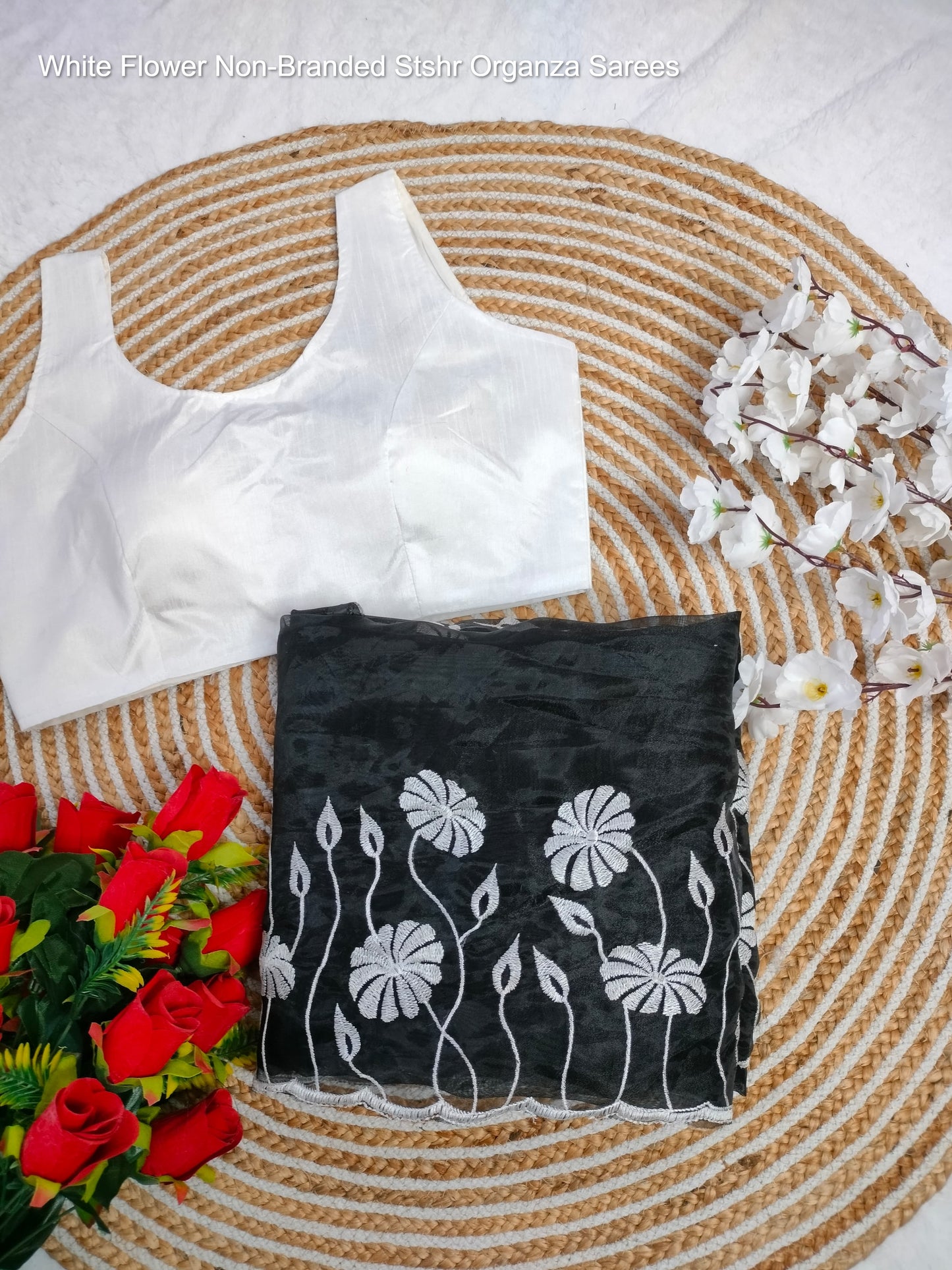 White Flower Non-Branded Stshr Organza Sarees