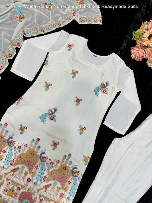 White Roman Non-Branded Stkri Silk Readymade Suits