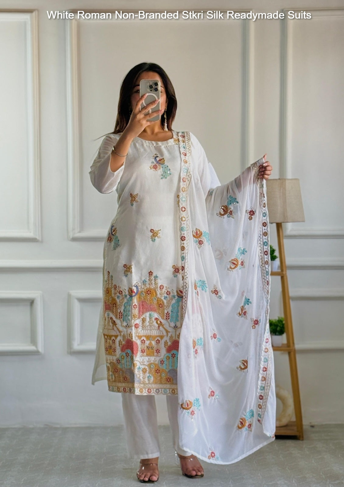 White Roman Non-Branded Stkri Silk Readymade Suits