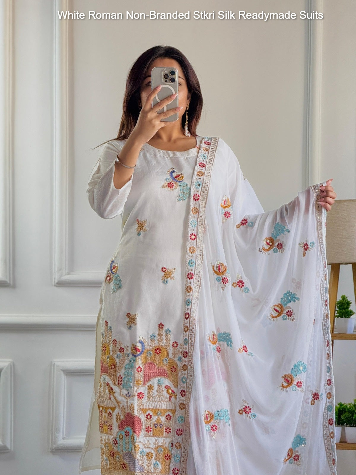 White Roman Non-Branded Stkri Silk Readymade Suits
