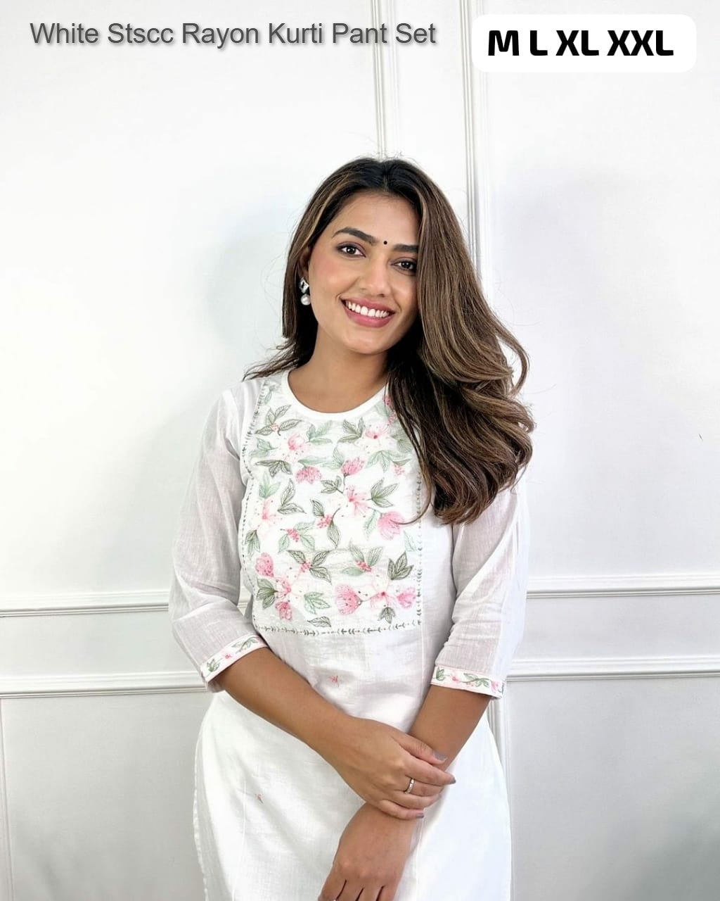 White Stscc Rayon Kurti Pant Set