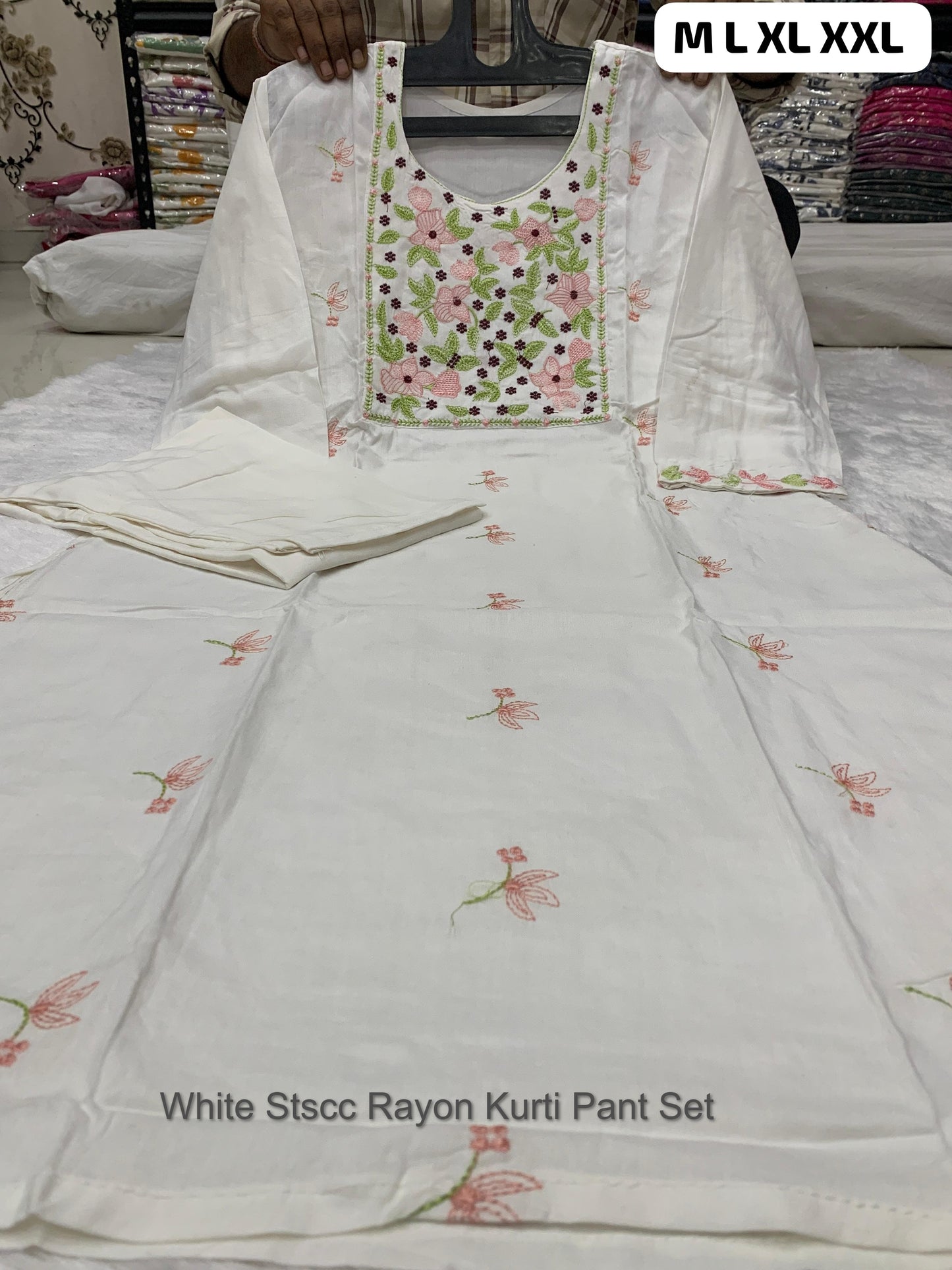 White Stscc Rayon Kurti Pant Set