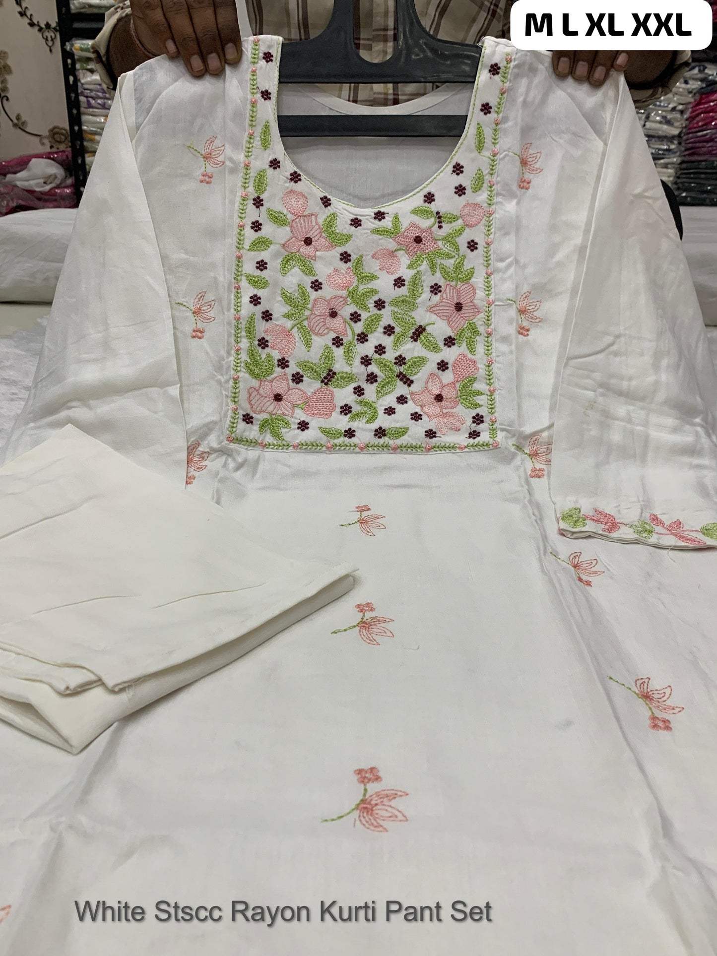 White Stscc Rayon Kurti Pant Set
