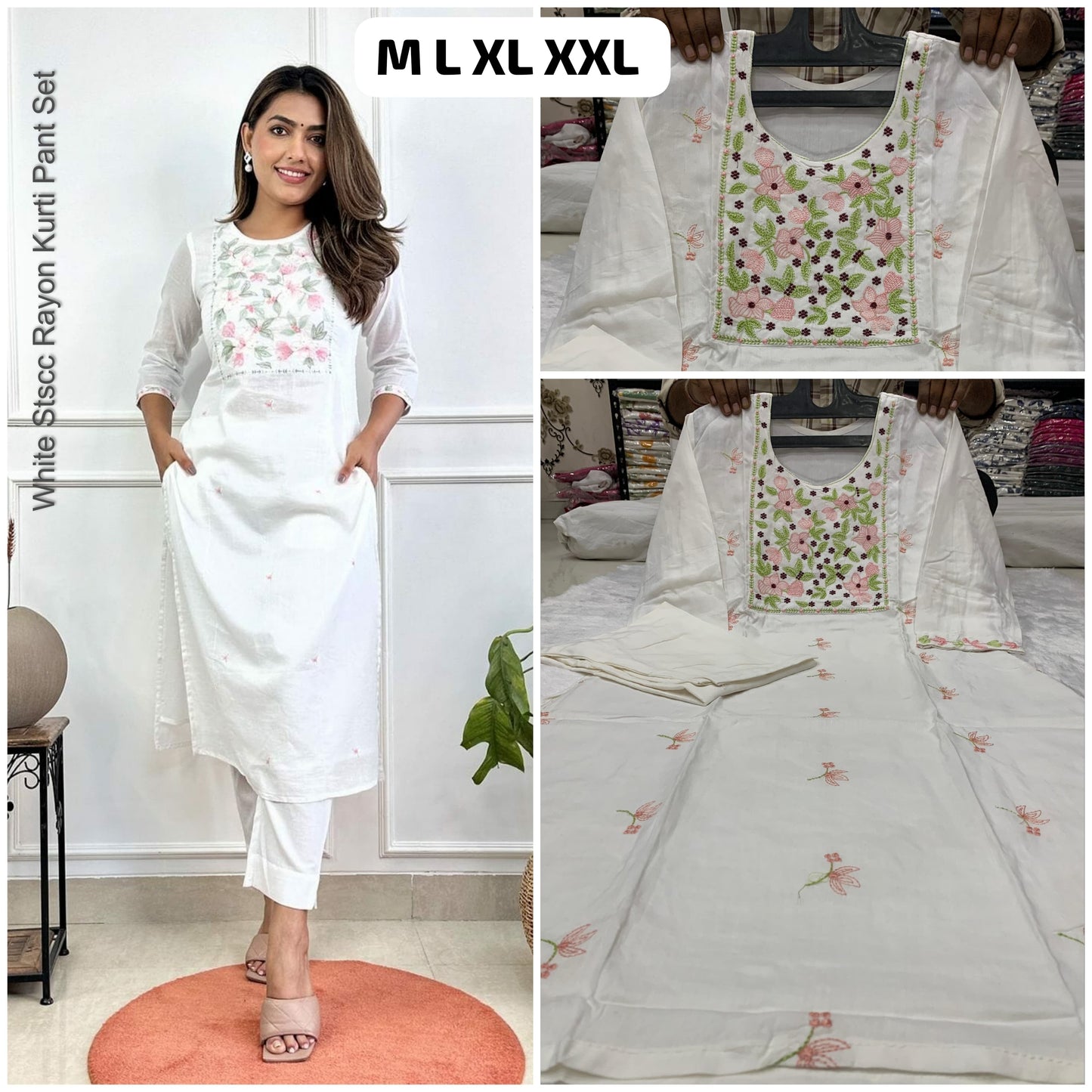 White Stscc Rayon Kurti Pant Set