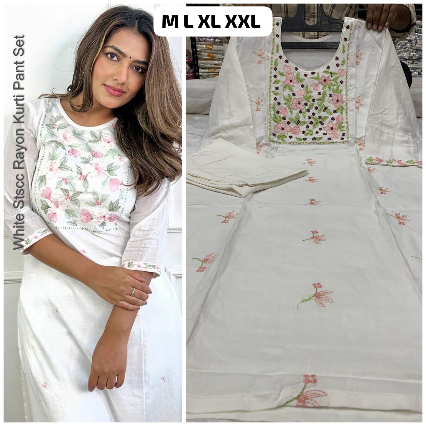 White Stscc Rayon Kurti Pant Set
