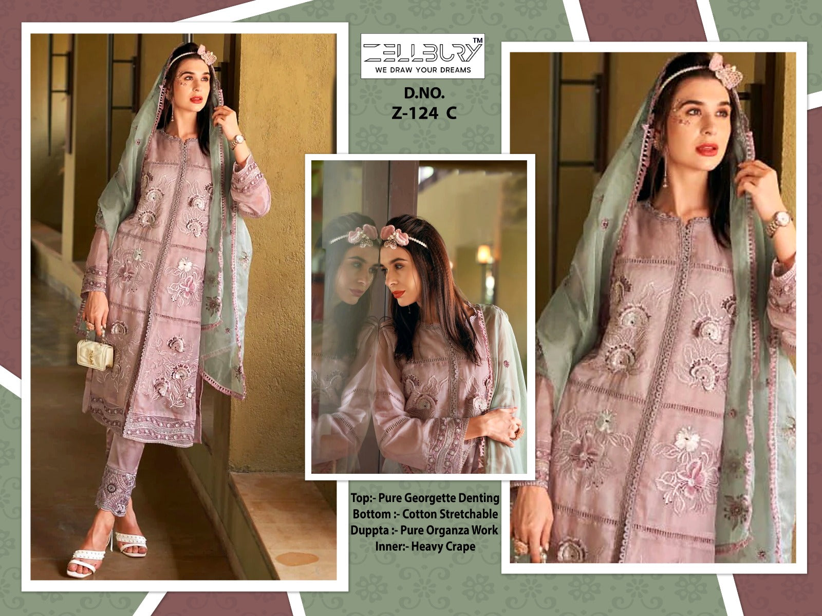 Z-124C Zellbury 3D Flower Pakistani Readymade Suits