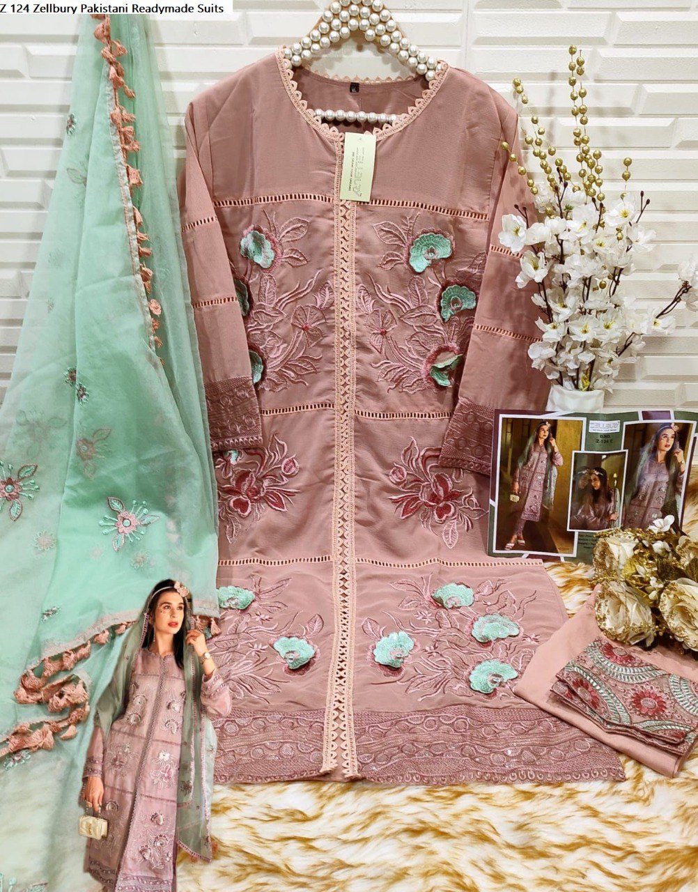 Z-124C Zellbury 3D Flower Pakistani Readymade Suits