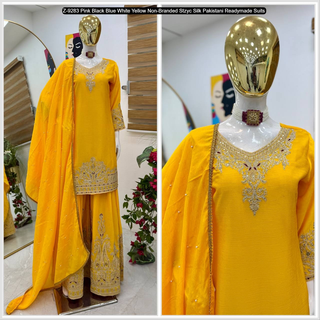 Z-9283 Pink Black Blue White Yellow Non-Branded Stzyc Silk Pakistani Readymade Suits