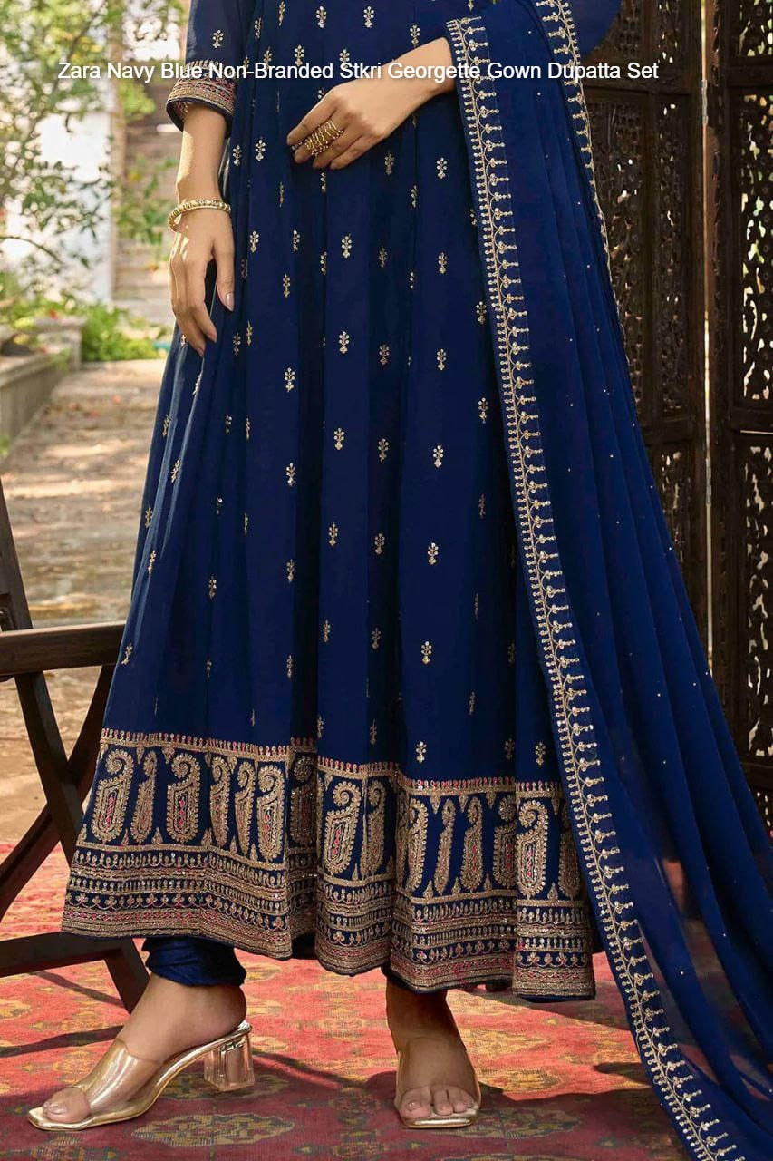 Zara Navy Blue Non-Branded Stkri Georgette Gown Dupatta Set