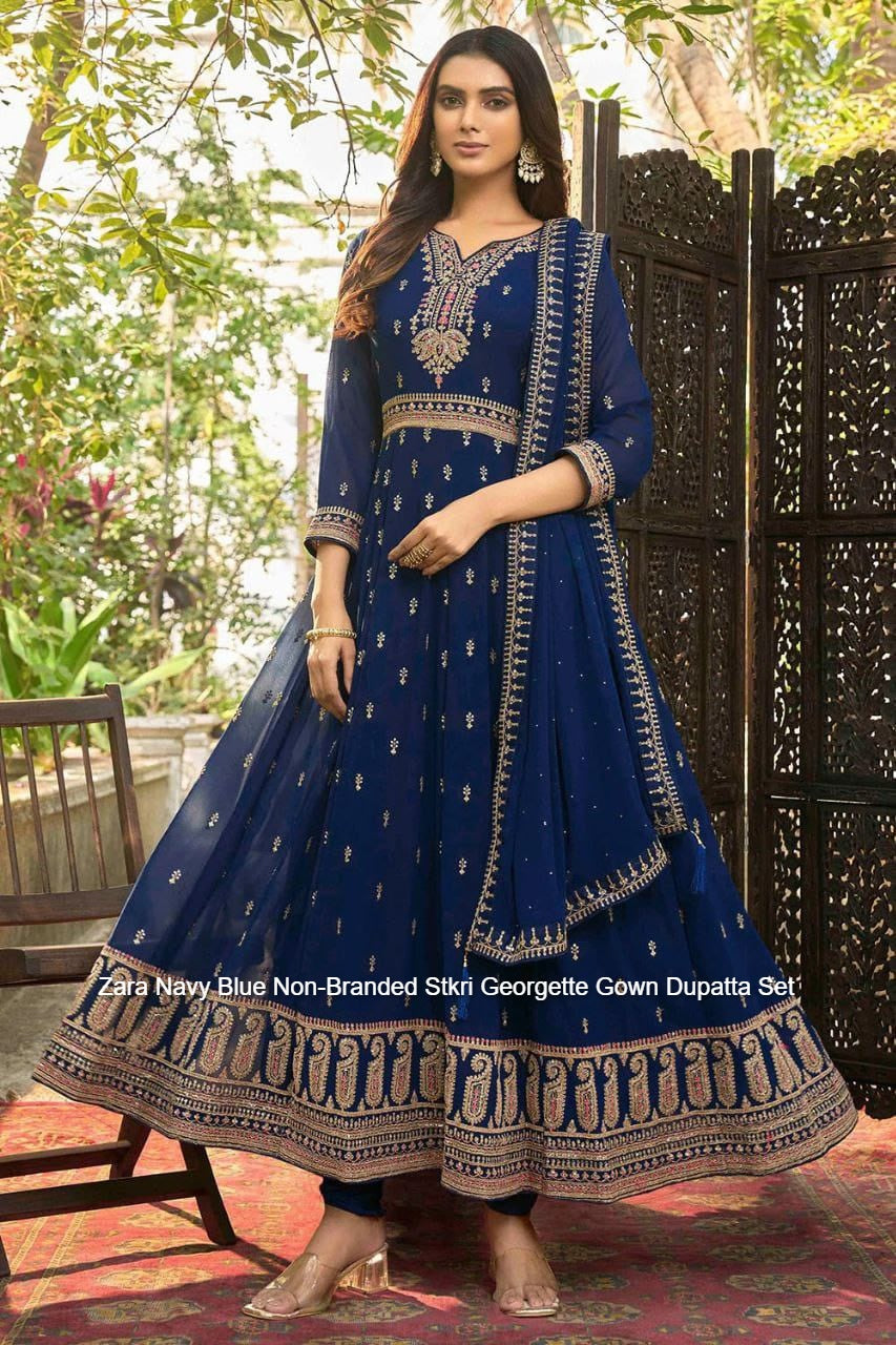 Zara Navy Blue Non-Branded Stkri Georgette Gown Dupatta Set