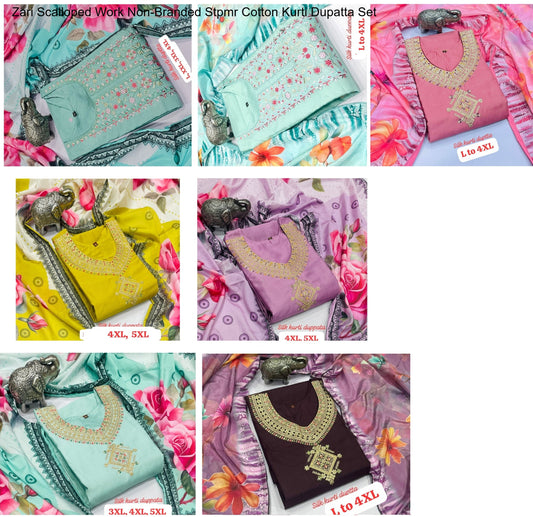 Zari Scalloped Work Non-Branded Stpmr Cotton Kurti Dupatta Set