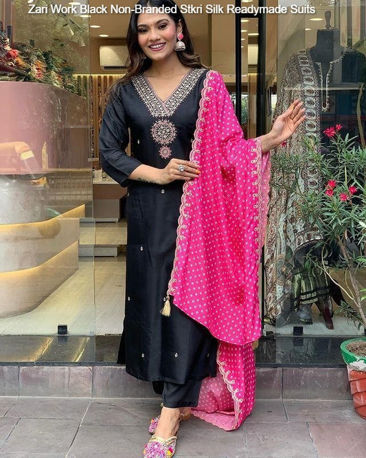 Zari Work Black Non-Branded Stkri Silk Readymade Suits