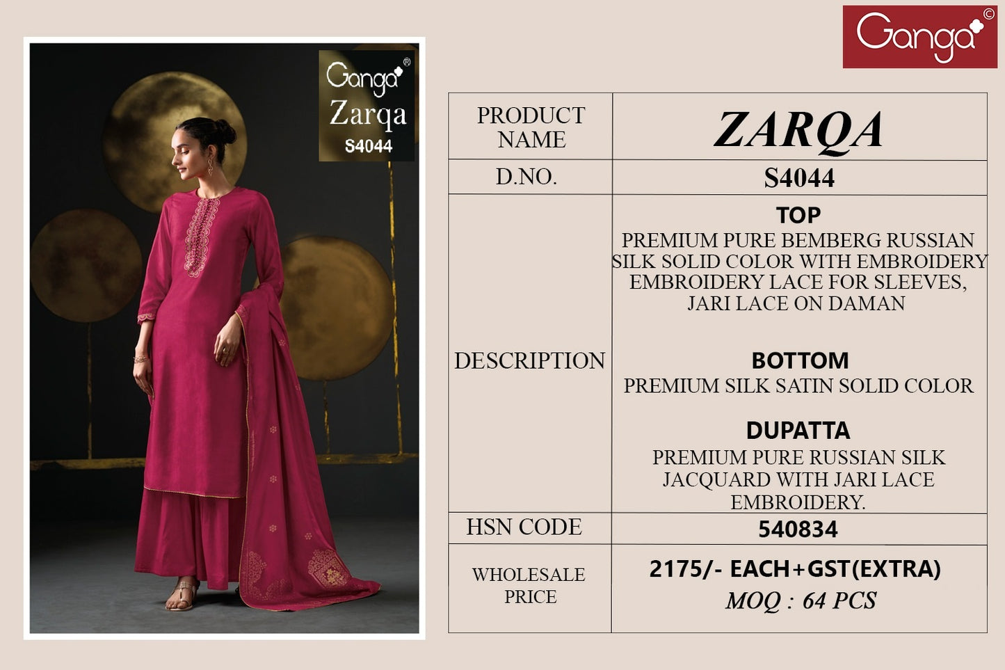 Zarqa 4044 Ganga Premium Unstitched Suits