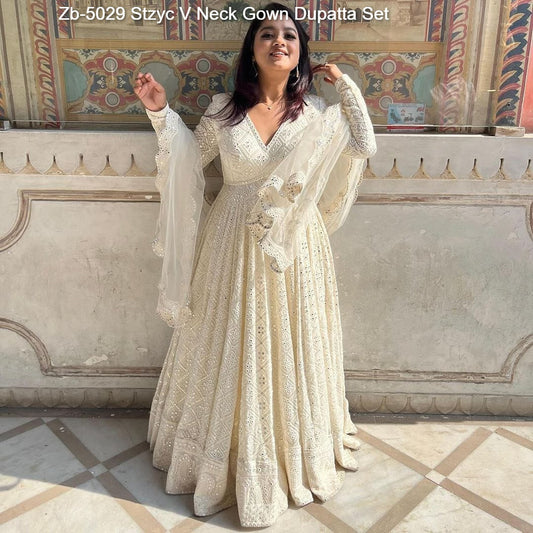 Zb-5029 Stzyc V Neck Gown Dupatta Set