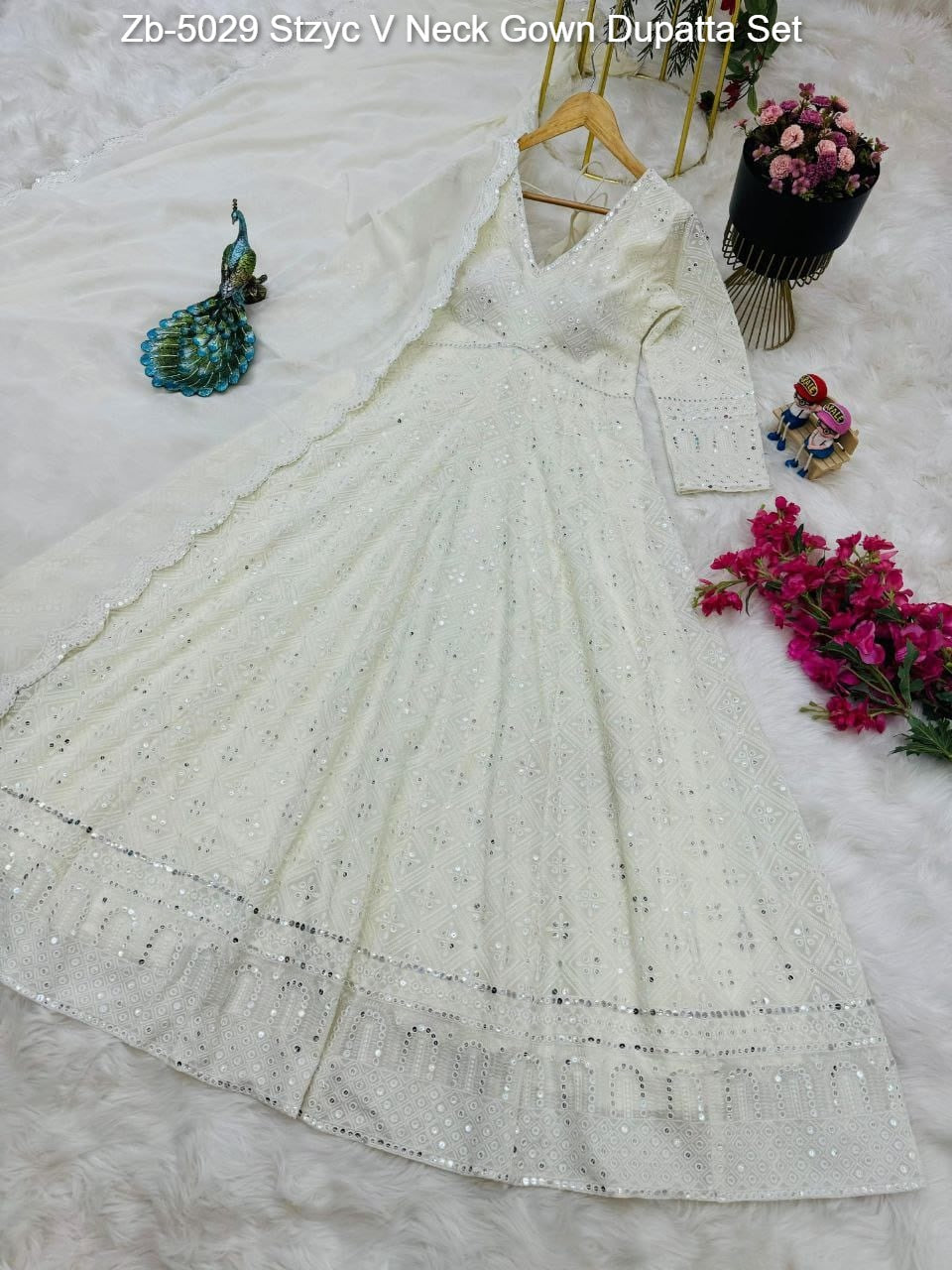 Zb-5029 Stzyc V Neck Gown Dupatta Set