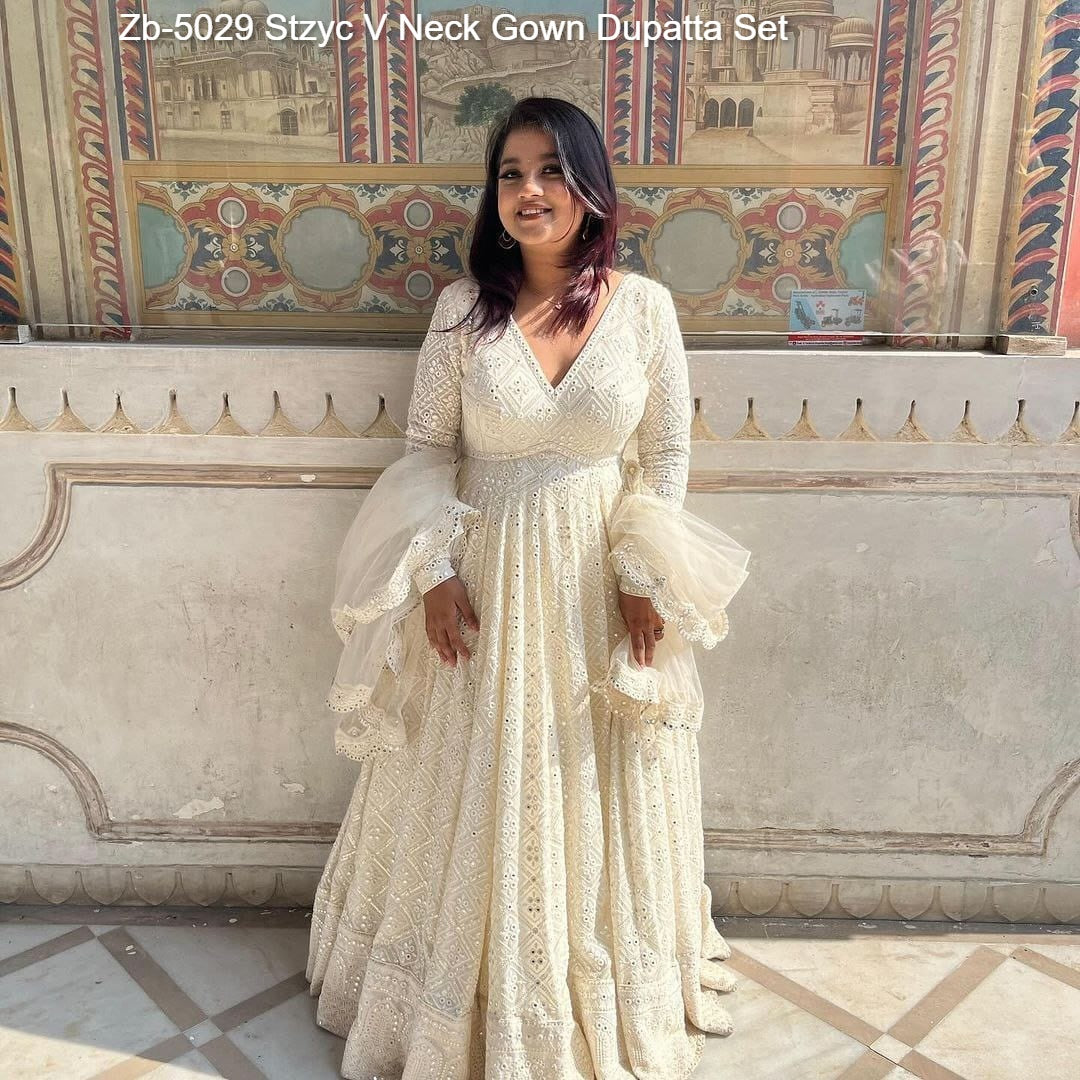 Zb-5029 Stzyc V Neck Gown Dupatta Set