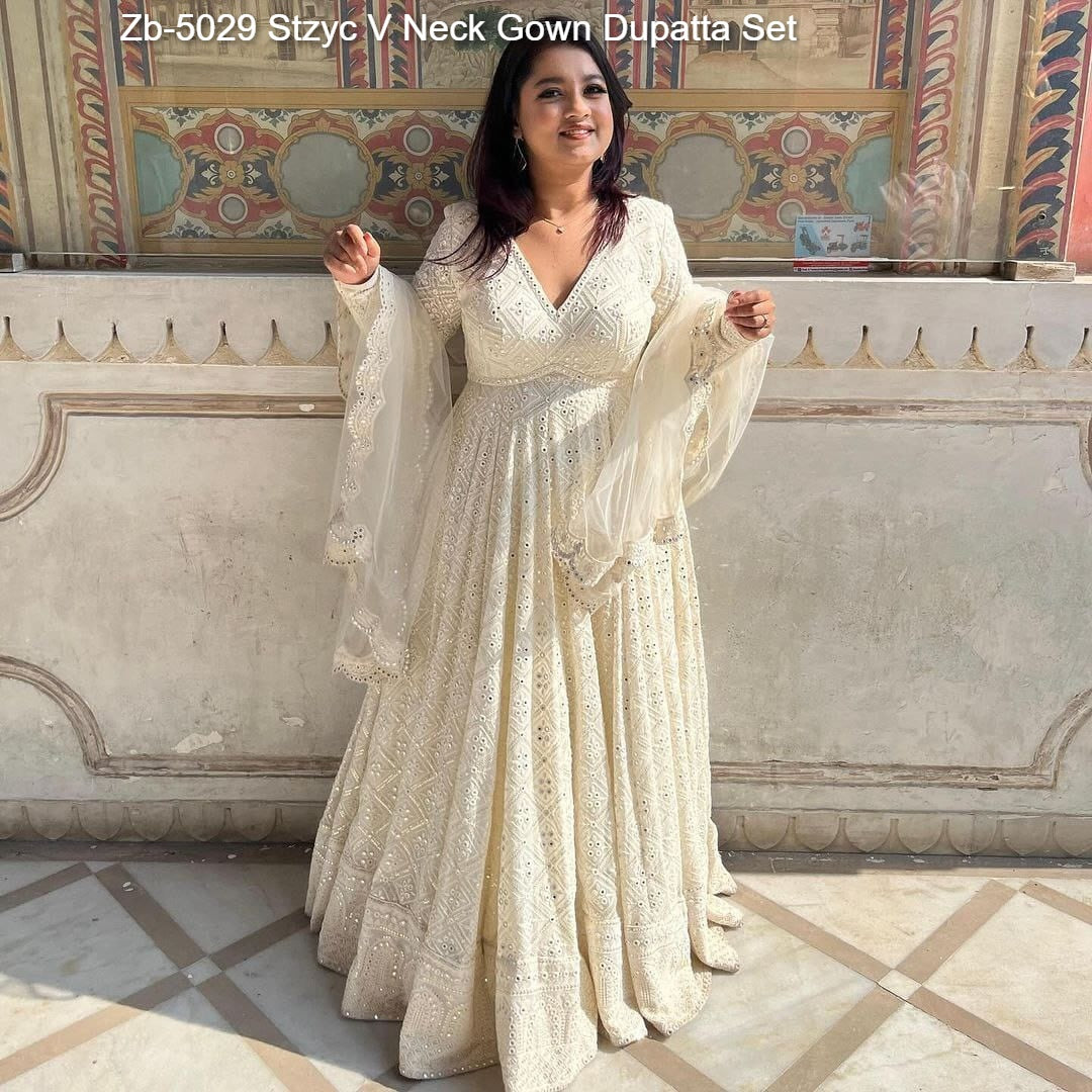 Zb-5029 Stzyc V Neck Gown Dupatta Set