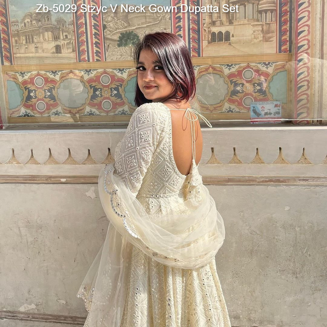 Zb-5029 Stzyc V Neck Gown Dupatta Set