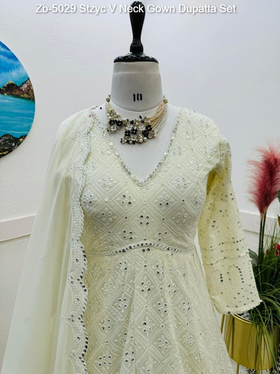 Zb-5029 Stzyc V Neck Gown Dupatta Set