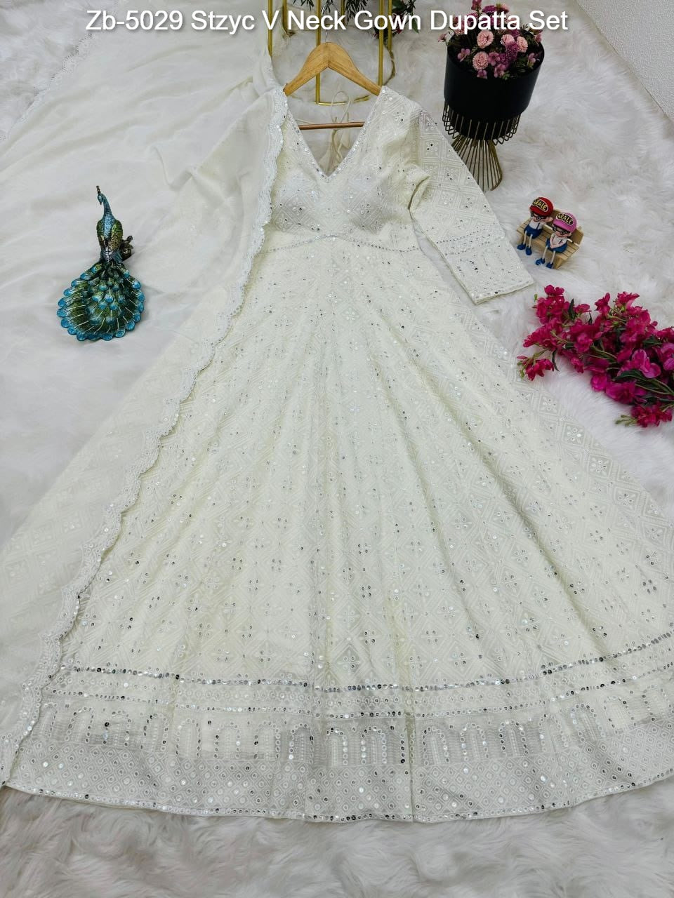 Zb-5029 Stzyc V Neck Gown Dupatta Set