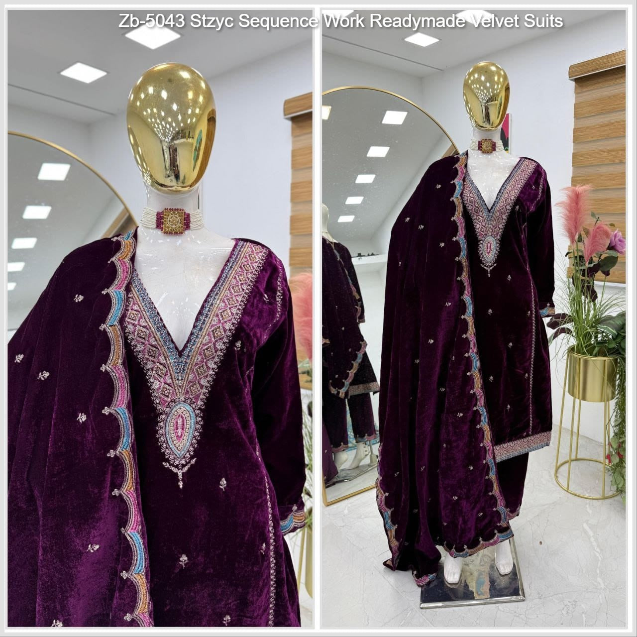 Zb-5043 Stzyc Sequence Work Readymade Velvet Suits