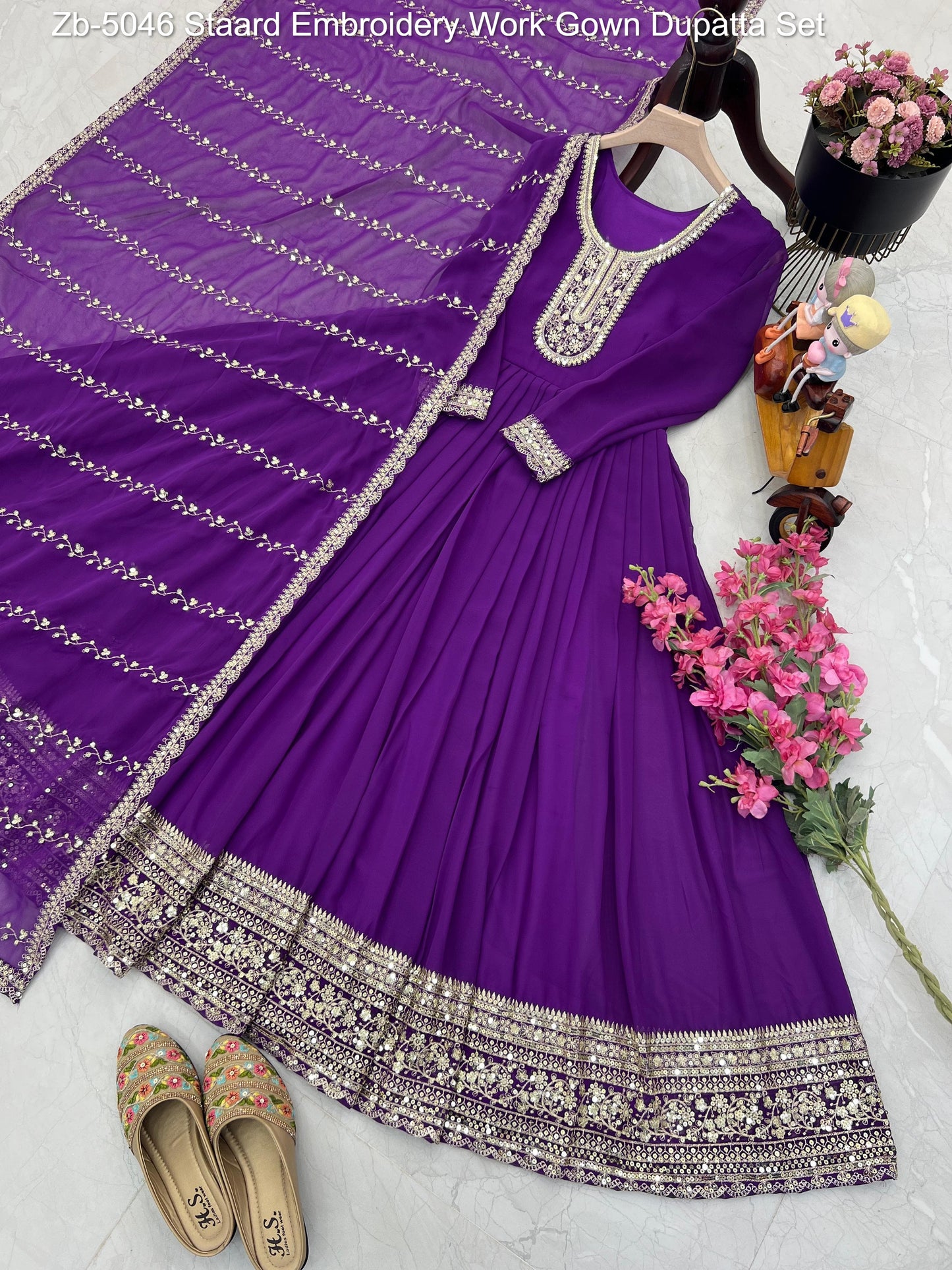 Zb-5046 Staard Embroidery Work Gown Dupatta Set