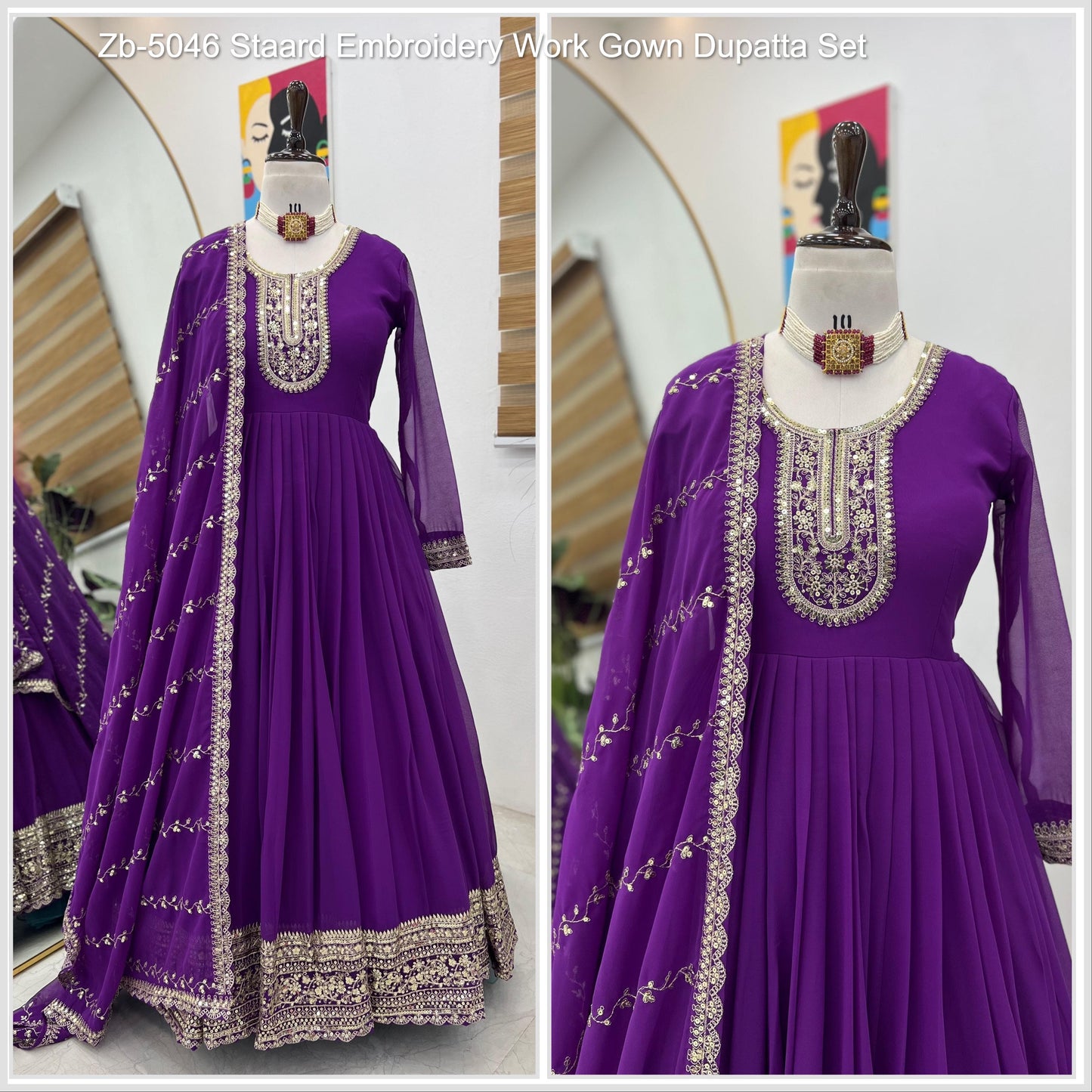 Zb-5046 Staard Embroidery Work Gown Dupatta Set