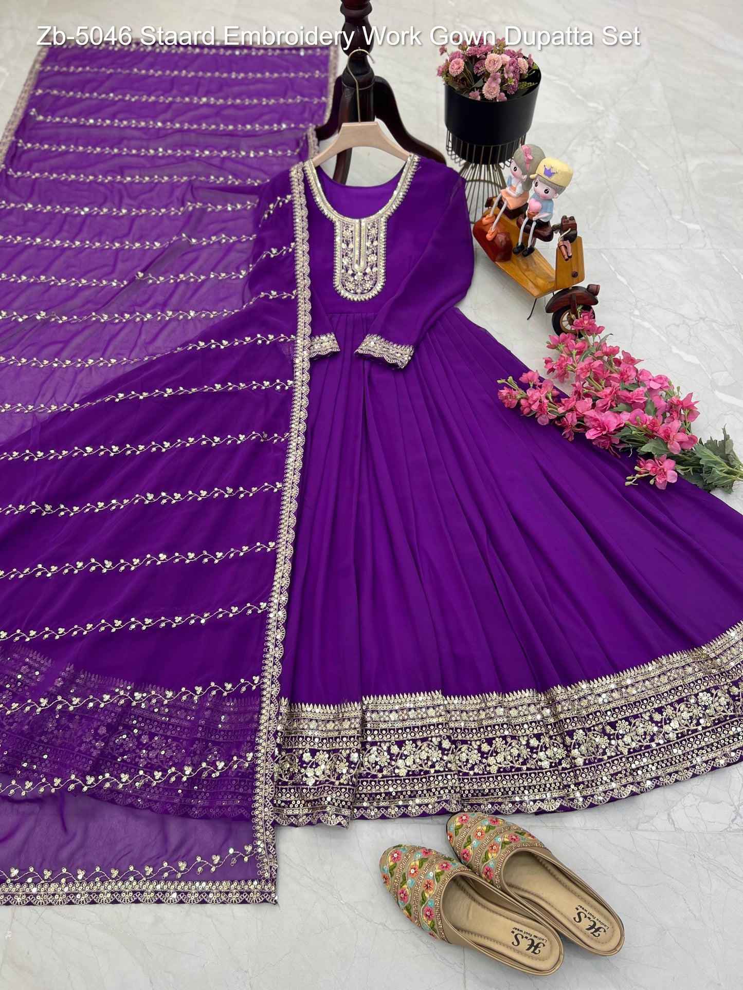 Zb-5046 Staard Embroidery Work Gown Dupatta Set